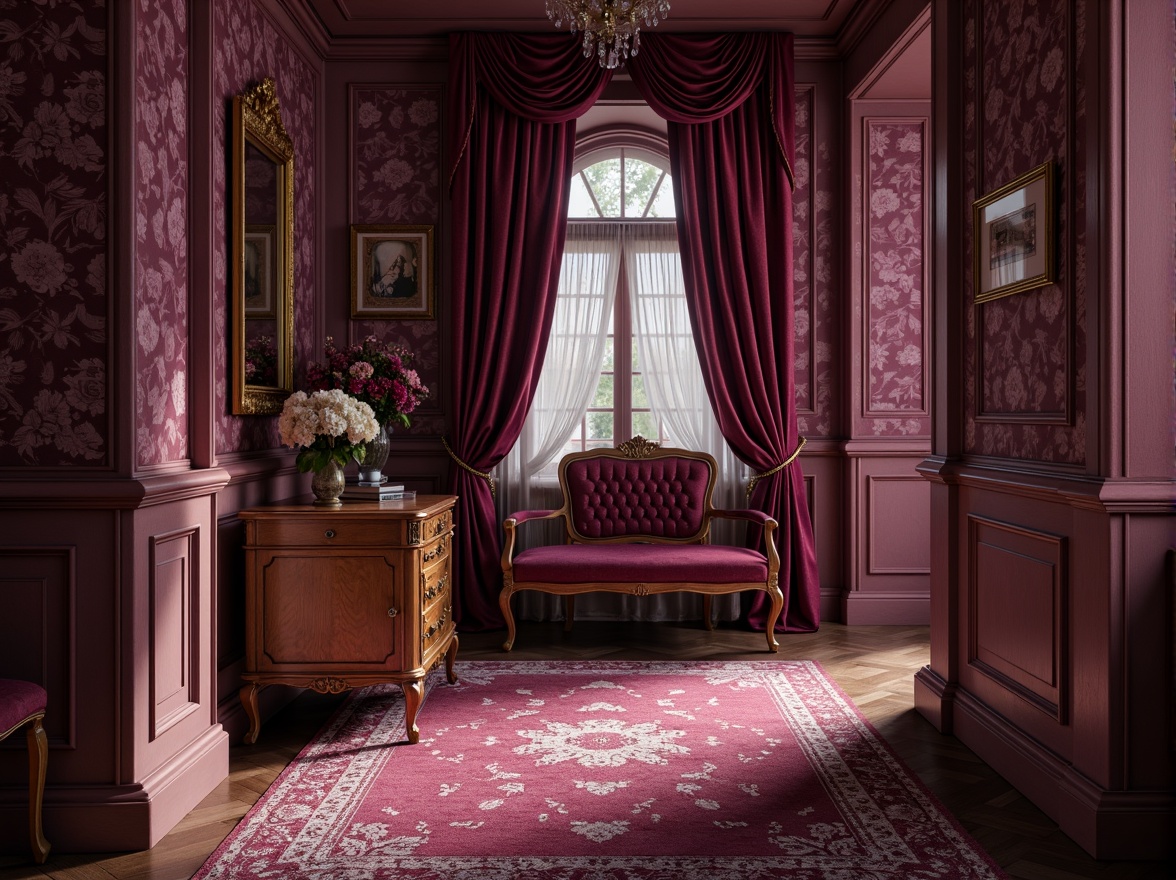 Prompt: Rich plum hues, velvety dark purple, soft blush pink, warm golden brown, creamy ivory, delicate lace patterns, intricate floral motifs, vintage distressed textures, ornate wooden frames, luxurious velvet drapes, dimly lit atmospheric lighting, shallow depth of field, 1/1 composition, realistic brushstrokes, ambient occlusion.