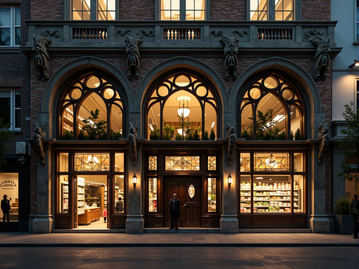 Prompt: Grocery store facade, Gothic arches, ornate stone carvings, stained glass windows, pointed towers, intricate tracery, rustic brick walls, heavy wooden doors, iron hinges, grand entrance, vaulted ceilings, dramatic lighting, mysterious shadows, rich textures, atmospheric fog, warm golden tones, medieval-inspired motifs, ornamental gargoyles, subtle weathering effects, 3/4 composition, cinematic camera angles, high contrast ratio.