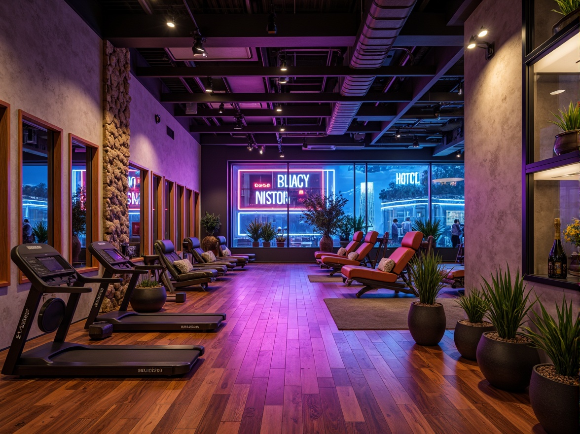 Prompt: Luxurious fitness club, contrasting materials, rough concrete walls, sleek metal equipment, warm wood flooring, cool glass partitions, vibrant neon lights, modern minimalist decor, industrial-chic aesthetic, urban loft atmosphere, high ceilings, exposed ductwork, rustic stone accents, polished chrome fixtures, plush velvet upholstery, dynamic color blocking, dramatic shadowing, 1/2 composition, cinematic lighting, realistic reflections, ambient occlusion.