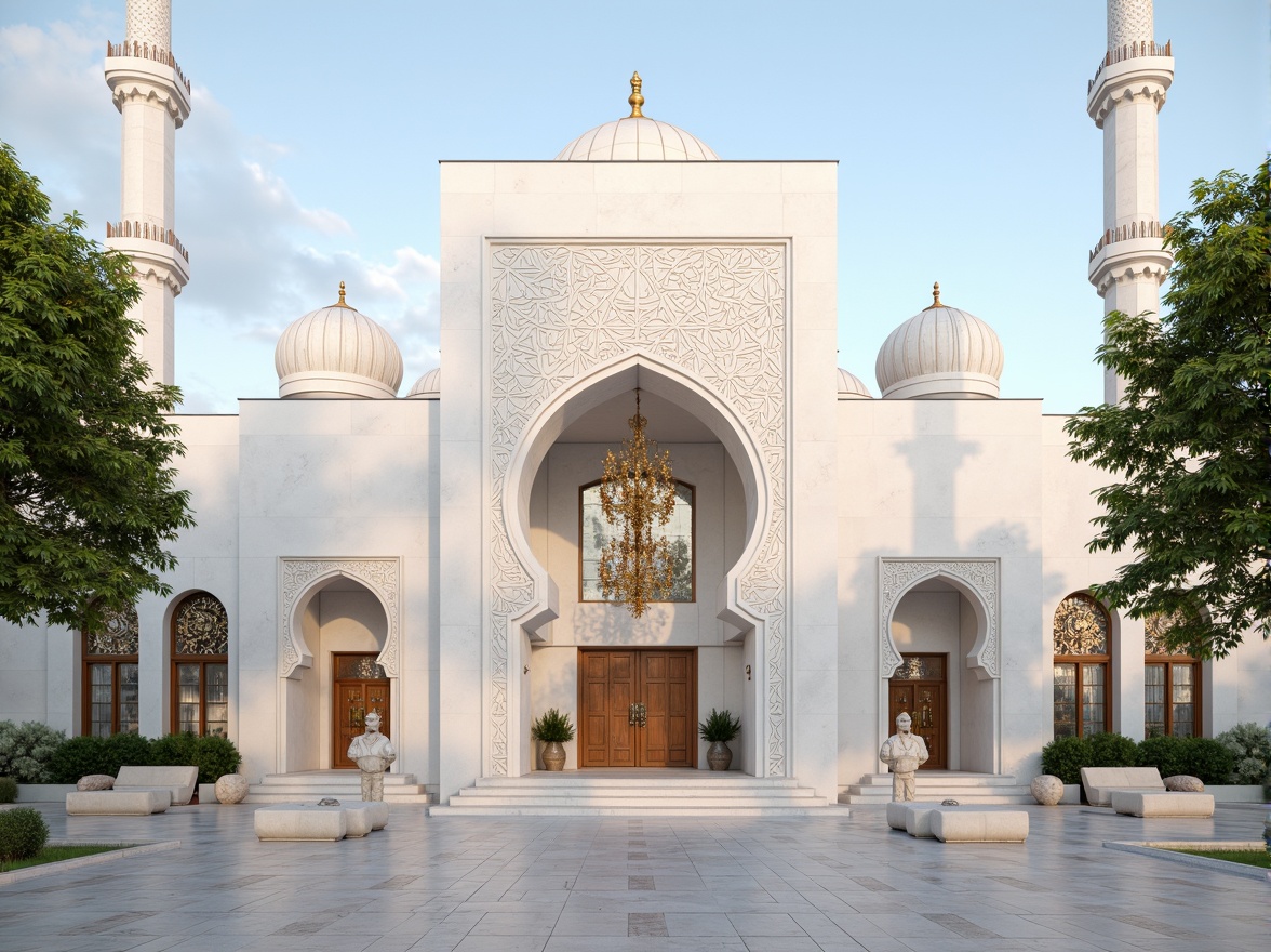 Prompt: Minimalist mosque, white marble fa\u00e7ade, geometric patterns, grand entrance arches, intricately carved wooden doors, stained glass windows, Islamic calligraphy, golden domes, slender minarets, tranquil courtyard, lush greenery, serene ambiance, soft natural lighting, high ceilings, elegant chandeliers, ornate tile work, abstract modern sculptures, subtle color palette, 1/1 composition, symmetrical framing, realistic textures, ambient occlusion.