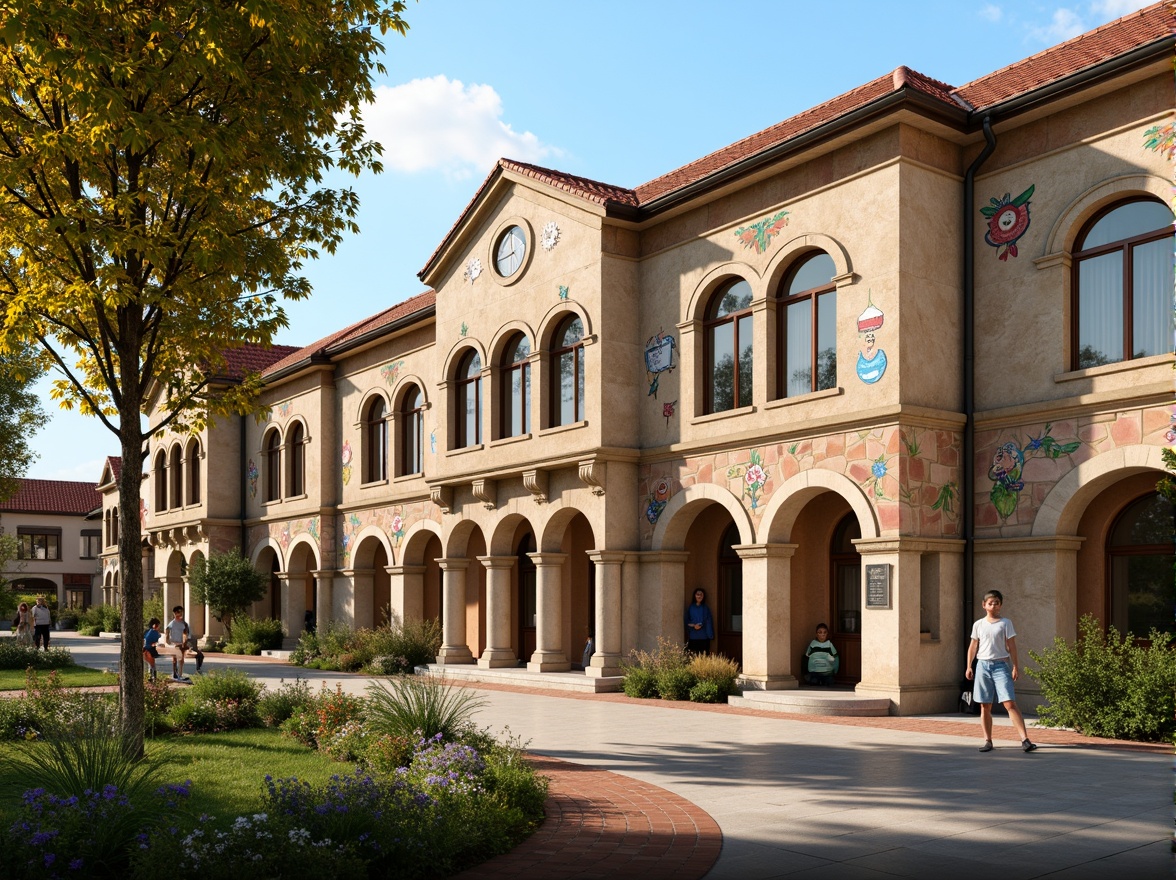 Prompt: Warm kindergarten facade, Romanesque arches, rounded columns, ornate carvings, vibrant colorful murals, playful window frames, decorative shutters, rustic stone walls, red terracotta roof tiles, lush greenery, blooming flowers, sunny day, soft warm lighting, shallow depth of field, 3/4 composition, panoramic view, realistic textures, ambient occlusion.