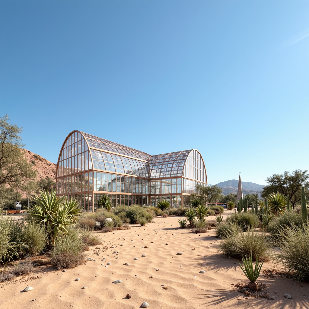 Prompt: Arid desert landscape, sandy dunes, cactus plants, hot sunny day, clear blue sky, vast open space, modern futuristic greenhouse architecture, sleek metal frames, transparent polycarbonate panels, climate-controlled environment, advanced ventilation systems, evaporative cooling, misting systems, shading devices, reflective coatings, thermal mass materials, passive solar design, optimized air circulation, humidification systems, automated climate regulation, sensor-controlled temperature management, natural light diffusion, artificial lighting supplements, vibrant greenery, lush desert flora, tropical plants, exotic flowers.