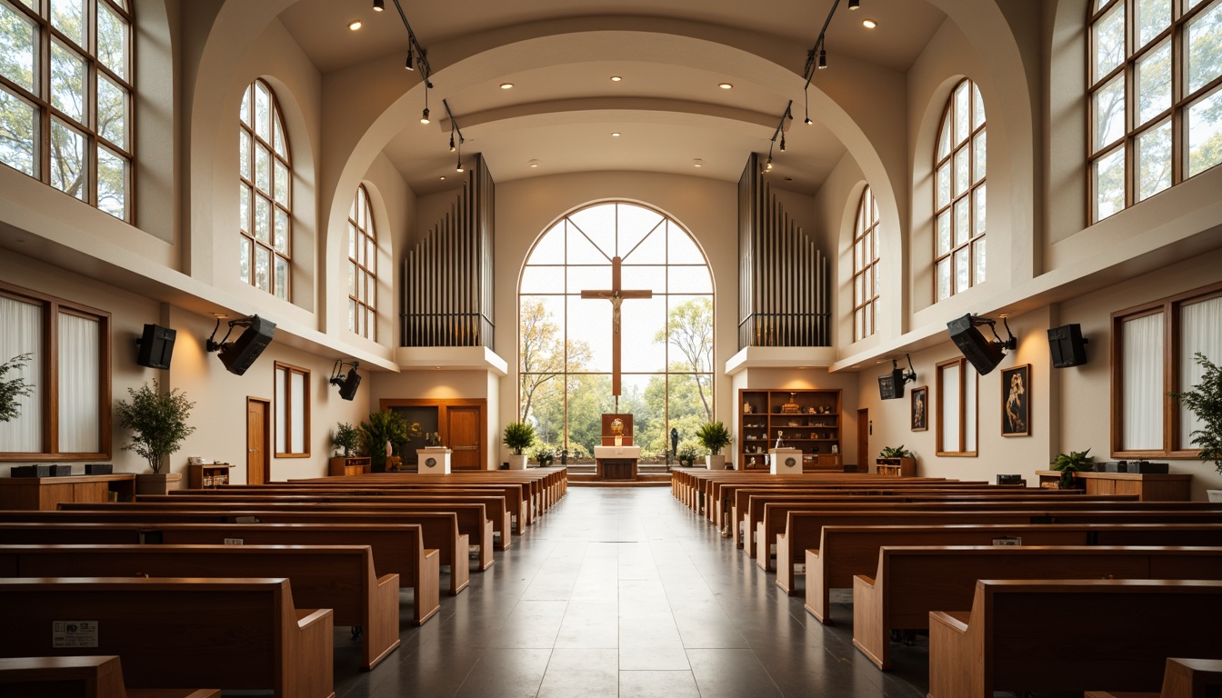 Prompt: Contemporary church interior, minimalist altar, stained glass windows, natural light pouring, wooden pews, curved lines, open floor plan, communal seating areas, prayer rooms, confession booths, sacred artifacts, ornate crucifixes, vaulted ceilings, grand organs, soft warm lighting, shallow depth of field, 3/4 composition, panoramic view, realistic textures, ambient occlusion.