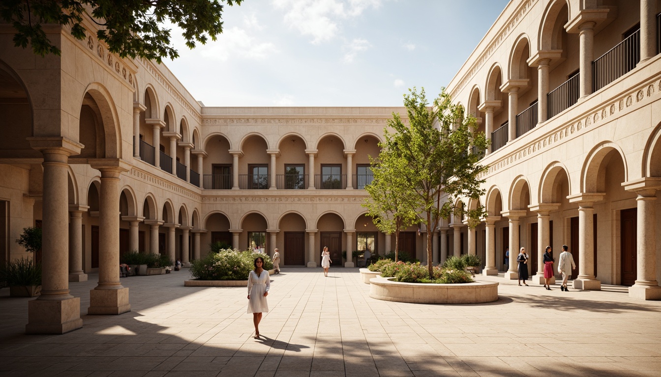 Prompt: Elegant market square, neoclassical architecture, sand-casted stone walls, ornate columns, grand archways, intricate carvings, warm beige color palette, soft natural light, subtle shadows, shallow depth of field, 1/1 composition, realistic textures, ambient occlusion.