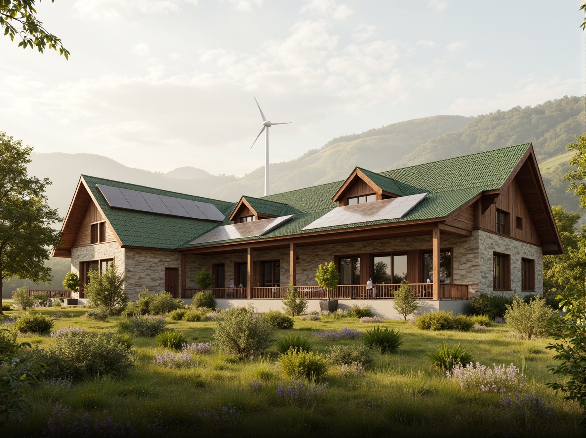 Prompt: Rustic rural farmhouse, earthy tones, natural stone walls, wooden accents, green roofs, solar panels, wind turbines, rainwater harvesting systems, organic gardens, wildflower meadows, rolling hills, misty mornings, soft warm lighting, shallow depth of field, 3/4 composition, panoramic view, realistic textures, ambient occlusion.