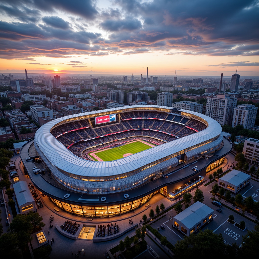 Prompt: Modern fusion stadium architecture, sleek curved lines, dynamic LED lighting, luxurious VIP suites, plush seating areas, state-of-the-art sound systems, vibrant team color schemes, open-air concourses, grand staircases, spacious concession stands, interactive exhibits, immersive fan experiences, panoramic city views, dramatic evening skylines, warm golden hour lighting, shallow depth of field, 2/3 composition, high-angle shots, realistic crowd simulations, ambient occlusion.