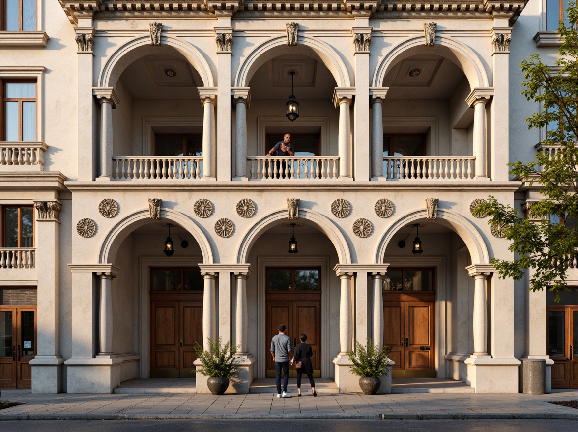 Prompt: Grand neoclassical facade, ornate columns, intricately carved details, symmetrical composition, balanced proportions, elegant arches, decorative cornices, ornamental balustrades, limestone or marble materials, subtle earthy tones, classical Greek and Roman influences, subtle weathered patina, warm afternoon sunlight, soft shadows, 1/2 composition, realistic textures, ambient occlusion.