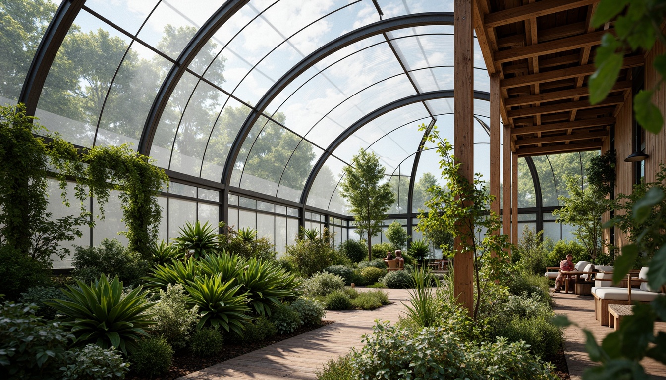 Prompt: Curved glass roof, transparent aluminum frames, lush greenery, tropical plants, misting system, natural ventilation, wooden trellis, climbing vines, steel beams, minimalist design, industrial chic, reclaimed wood accents, earthy tones, abundant natural light, soft warm ambiance, shallow depth of field, 1/2 composition, panoramic view, realistic textures, ambient occlusion.