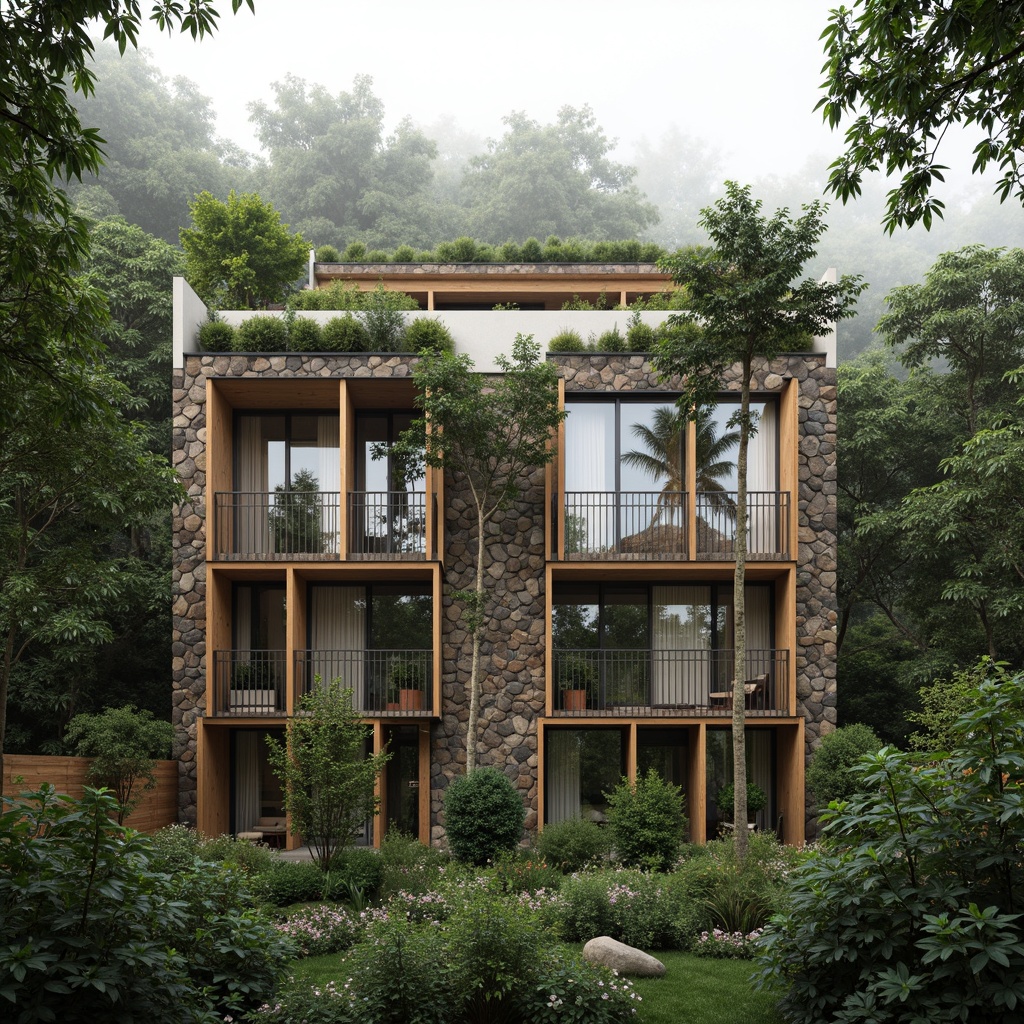 Prompt: Harmonious building facade, natural stone walls, lush green roofs, vertical gardens, wooden accents, earthy tones, organic shapes, seamless transitions, blurred boundaries, surrounding forest, misty atmosphere, soft diffused lighting, shallow depth of field, 2/3 composition, realistic textures, ambient occlusion.