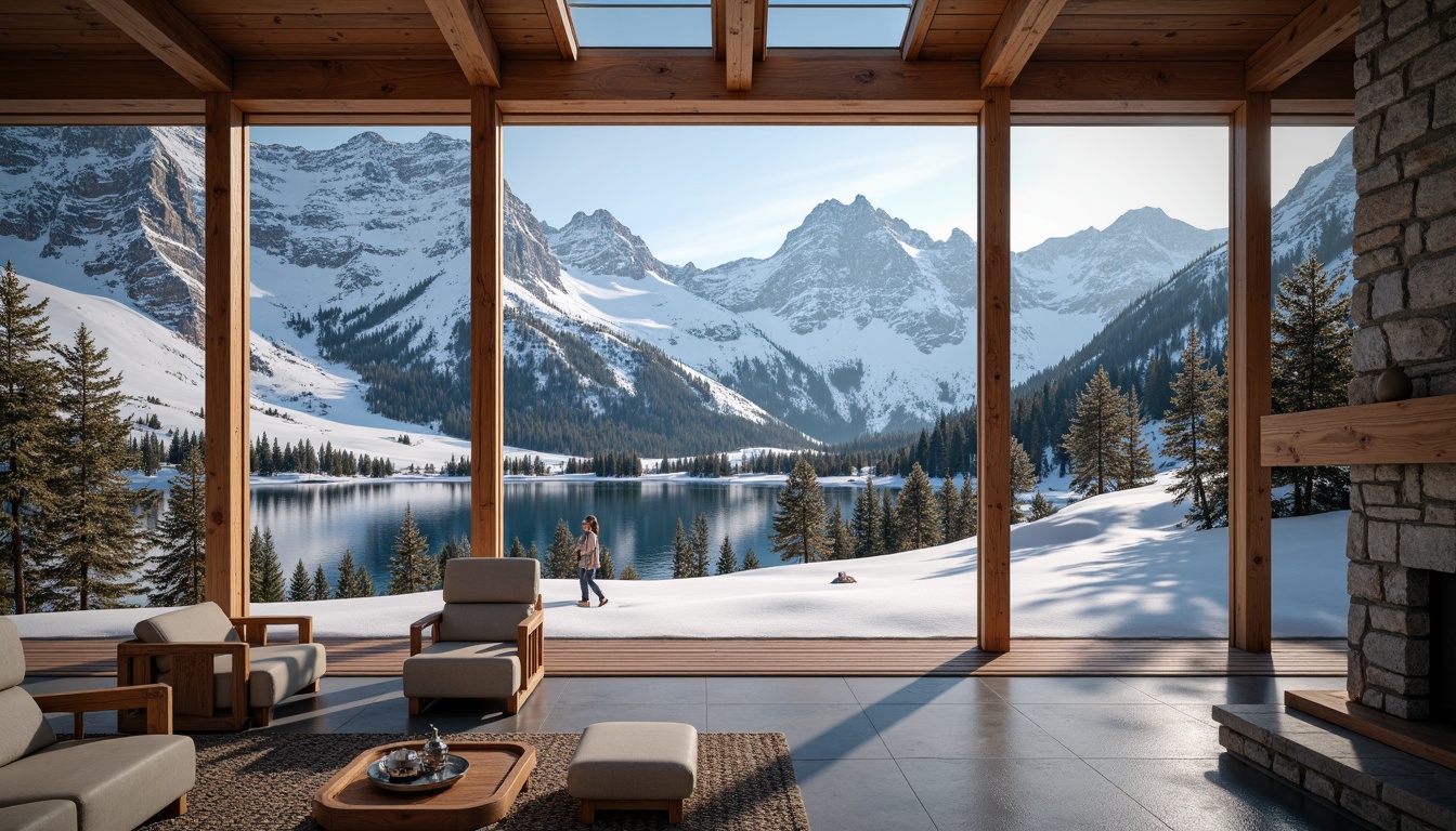 Prompt: Snow-capped mountain peaks, rustic wooden cabins, vast windows, sliding glass doors, minimal obstruction, open floor plans, reflective surfaces, bright interior colors, clerestory windows, solar tubes, skylights, natural stone walls, earthy tones, ambient lighting, soft warm glow, shallow depth of field, 1/1 composition, panoramic view, realistic textures, ambient occlusion.