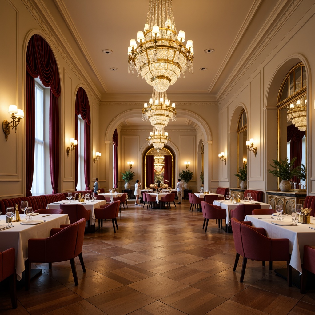 Prompt: Elegant dining hall, luxurious chandeliers, rich wood flooring, cream-colored walls, ornate mirrors, velvet drapes, golden accents, sophisticated furniture, intimate ambiance, soft warm lighting, shallow depth of field, 1/2 composition, realistic textures, ambient occlusion, warm beige tones, earthy brown hues, deep red wine colors, creamy whites, subtle gold metallic finishes.