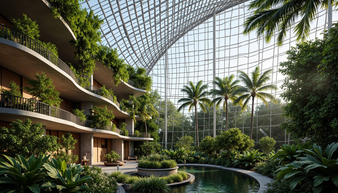 Prompt: Lush tropical plants, curved glass roof, steel frame structure, wooden accents, natural ventilation systems, misting irrigation, climate control panels, automatic sliding doors, polycarbonate walls, reinforced concrete foundations, spiral staircases, panoramic views, abundant natural light, soft diffused lighting, 3/4 composition, symmetrical architecture, modern sustainable design, eco-friendly materials, organic forms, botanical displays, serene ambiance, warm atmosphere, shallow depth of field.