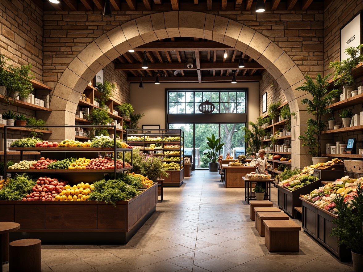 Prompt: Cozy grocery store interior, archway entrance, natural stone walls, wooden ceiling beams, warm pendant lighting, rustic metal shelves, vibrant produce displays, fresh flower arrangements, earthy color palette, organic food sections, curved glass display cases, decorative ceramic tiles, comfortable seating areas, soft background music, shallow depth of field, 1/1 composition, realistic textures, ambient occlusion.