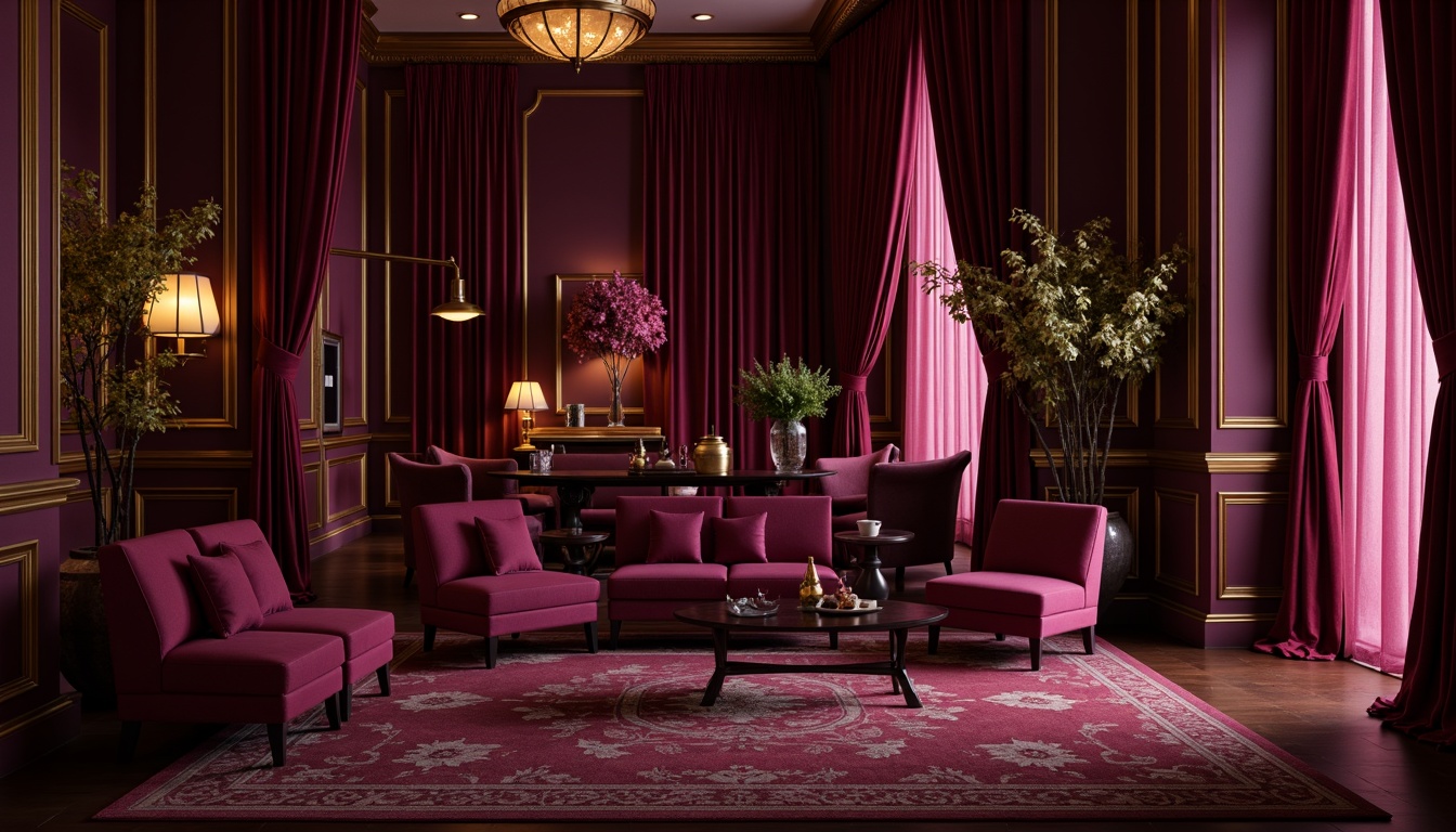 Prompt: Rich plum tones, luxurious velvet fabrics, ornate golden accents, soft warm lighting, intimate atmosphere, lavish furnishings, bold statement walls, deep berry hues, metallic bronze highlights, sophisticated elegance, opulent decor, refined textures, subtle sheen finishes, dramatic shadows, 1/2 composition, romantic ambiance.