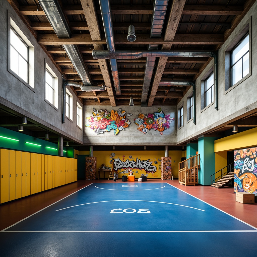 Prompt: Industrial-chic gymnasium interior, deconstructed architectural elements, fragmented concrete walls, exposed ductwork, distressed metal beams, reclaimed wood accents, bold primary color scheme, vibrant yellow lockers, deep blue athletic tracks, bright orange exercise equipment, neon green accent lighting, urban graffiti-inspired murals, abstract geometric patterns, dynamic angular lines, brutalist design aesthetic, high-contrast dramatic shadows, cinematic wide-angle shot, 2.35