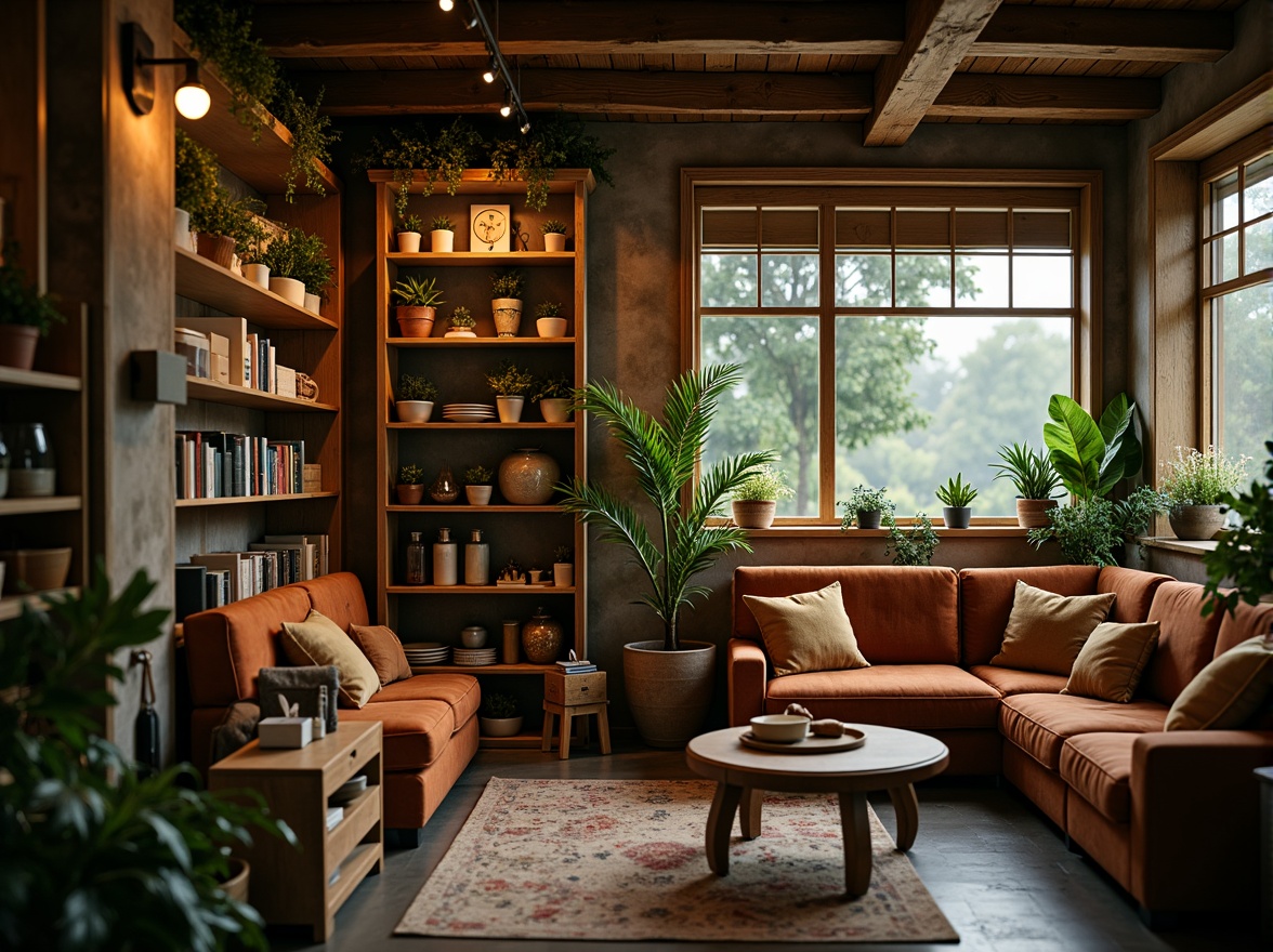 Prompt: Cozy coffee shop, warm ambient lighting, rustic wooden accents, comfortable plush sofas, vibrant greenery, aromatic coffee scents, soft background music, intimate corner seating, natural stone flooring, earthy color palette, organic textures, shallow depth of field, 1/2 composition, warm color temperatures, inviting atmosphere, relaxed vibe.