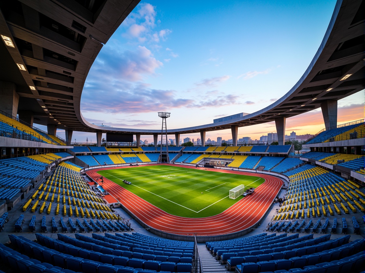 Prompt: Vibrant stadium, fusion architecture, bold color blocking, dynamic LED lighting, electric blue seats, bright yellow accents, deep red tracks, emerald green turf, sleek silver railings, modern concrete structures, angular lines, futuristic curves, urban cityscape, evening sunset, dramatic shadows, high-contrast lighting, 1/2 composition, low-angle view, realistic materials, ambient occlusion.