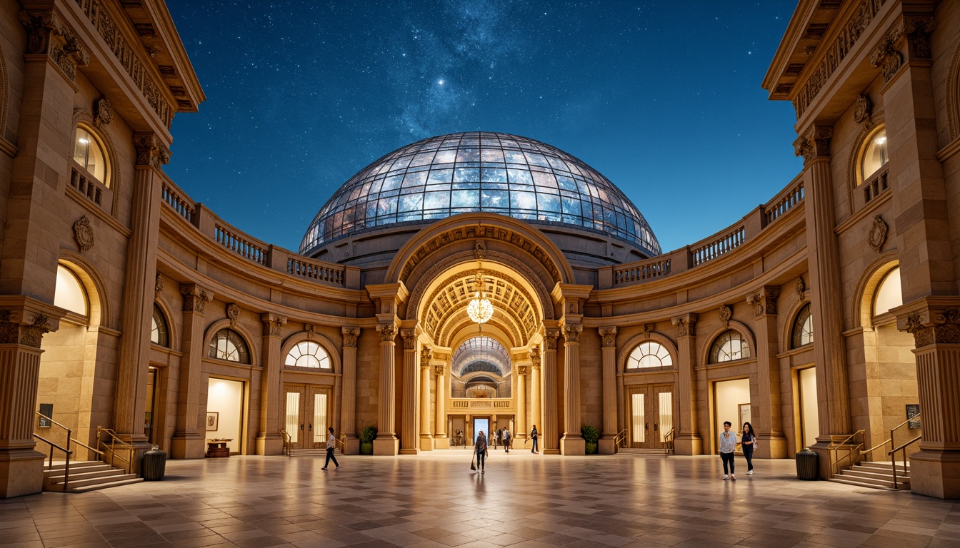 Prompt: Dome-shaped planetarium, classicism-inspired facade, ornate golden details, intricate stone carvings, grand entrance arches, majestic columns, celestial body patterns, starry night sky, soft blue ambient lighting, warm beige stone walls, polished marble floors, elegant curved lines, symmetrical composition, 1/1 aspect ratio, shallow depth of field, subtle gradient effects, realistic textures, ambient occlusion.