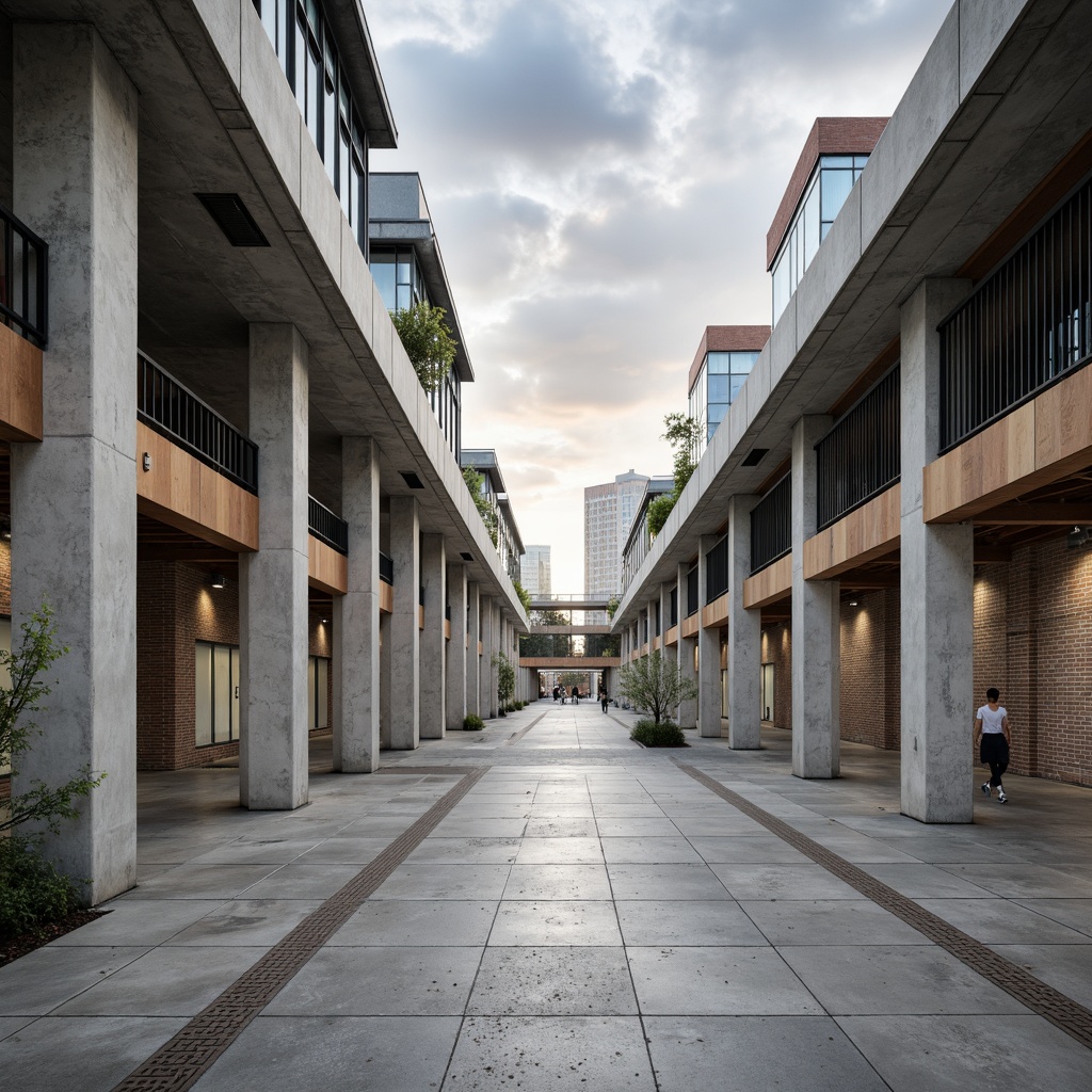 Prompt: Reinforced concrete columns, steel beams, cantilevered roofs, exposed ductwork, industrial chic aesthetic, metallic accents, minimalist ornamentation, functional simplicity, brutalist inspiration, geometric patterns, natural light infiltration, airy open spaces, polished concrete floors, textured brick walls, modern urban landscape, cloudy sky with soft sunlight, shallow depth of field, 1/1 composition, realistic materials, ambient occlusion.