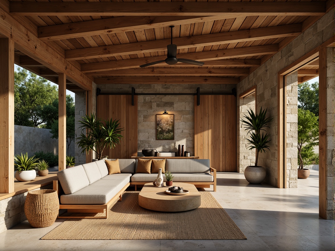 Prompt: Rustic wooden accents, reclaimed barn doors, earthy stonework, natural fiber textiles, woven rattan furniture, bamboo flooring, living green walls, organic curves, minimalist decor, serene ambiance, soft warm lighting, shallow depth of field, 3/4 composition, panoramic view, realistic textures, ambient occlusion.