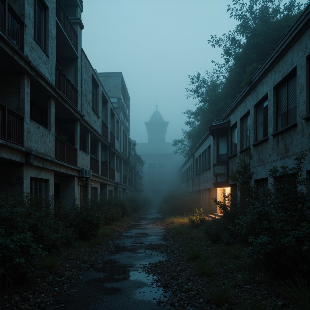 Prompt: Mysterious foggy atmosphere, dark blues and greys, eerie misty veil, subtle warm lighting, atmospheric perspective, cinematic depth of field, soft focus, muted earth tones, weathered stone walls, abandoned industrial structures, overgrown vegetation, rusty metal accents, hauntingly beautiful landscapes, low-key mysterious ambiance, high-contrast dramatic shadows.