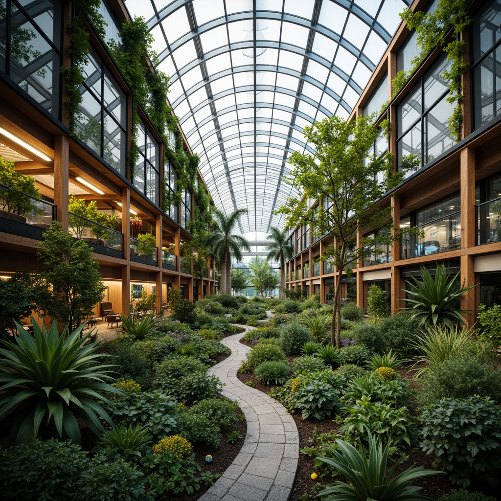 Prompt: Lush botanical gardens, curved glass roofs, steel frames, wooden beams, transparent walls, natural ventilation systems, solar panels, misting systems, automated irrigation networks, climatized interior environments, warm LED lighting, shallow depth of field, 1/1 composition, realistic plant textures, ambient occlusion, serene atmosphere, abundant greenery, modern minimalist design.