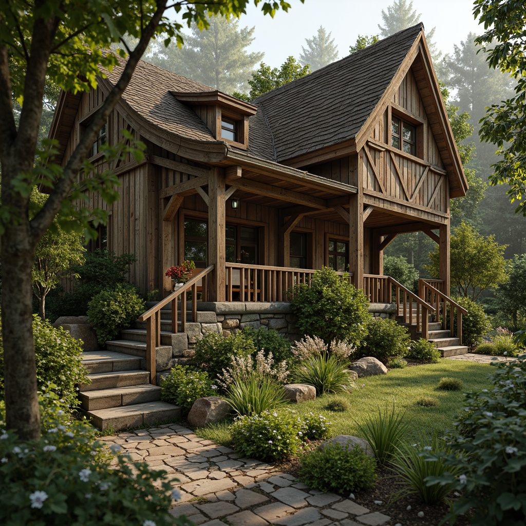 Prompt: Rustic rural cottage, ornate Art Nouveau details, curly tendrils, organic forms, flowing lines, whiplash curves, sinuous shapes, floral patterns, botanical motifs, earthy tones, natural materials, wooden beams, stone foundations, lush greenery, overgrown gardens, wildflowers, morning dew, soft warm lighting, high dynamic range, shallow depth of field, 1/2 composition, intimate framing, realistic textures, ambient occlusion.