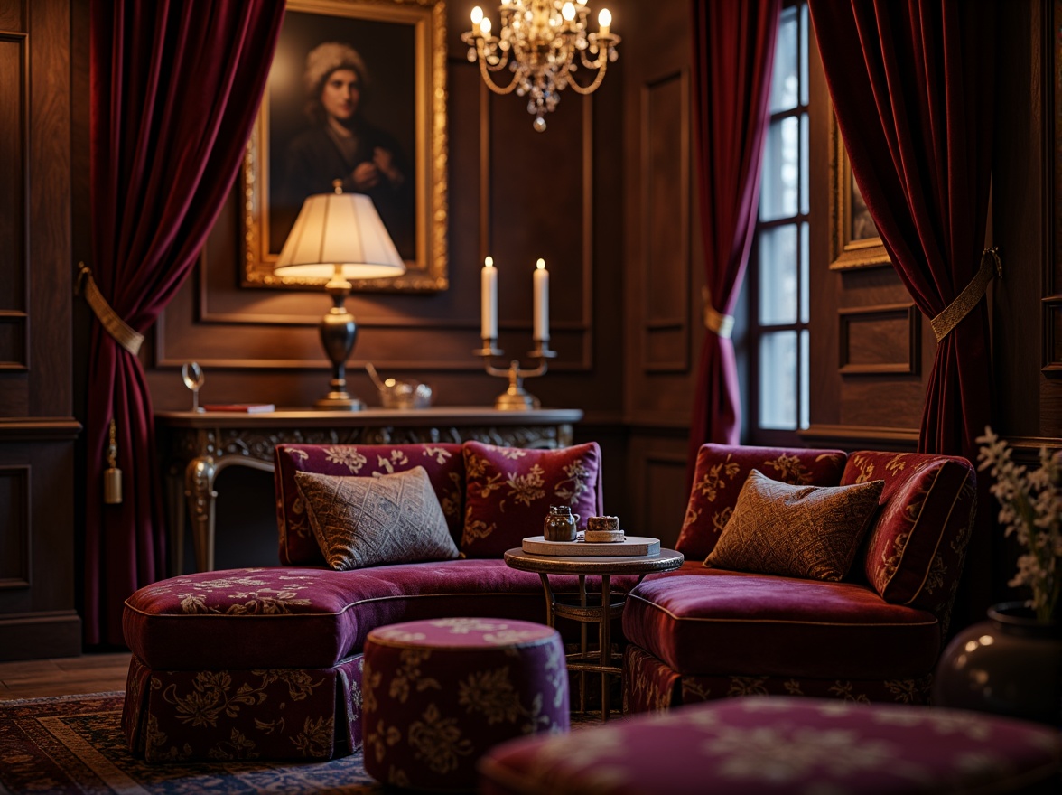 Prompt: Rich plum tones, luxurious velvet fabrics, ornate golden accents, warm candlelight, intimate cozy atmosphere, opulent Renaissance-inspired patterns, lavish drapery, soft focus, shallow depth of field, 1/1 composition, warm color harmony, dark wood paneling, antique furniture pieces, intricate carvings, mysterious shadows, dramatic lighting effects.