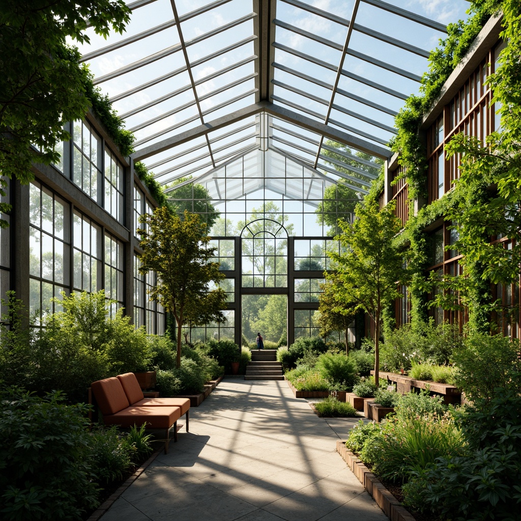 Prompt: Vibrant greenhouse interior, lush tropical plants, natural ventilation systems, energy-efficient glass panels, recycled metal frameworks, living walls, green roofs, rainwater harvesting systems, composting areas, organic gardens, misting irrigation systems, soft diffused lighting, 1/1 composition, shallow depth of field, realistic plant textures, ambient occlusion, warm earthy tones, natural stone flooring, reclaimed wood accents, minimal waste design philosophy.