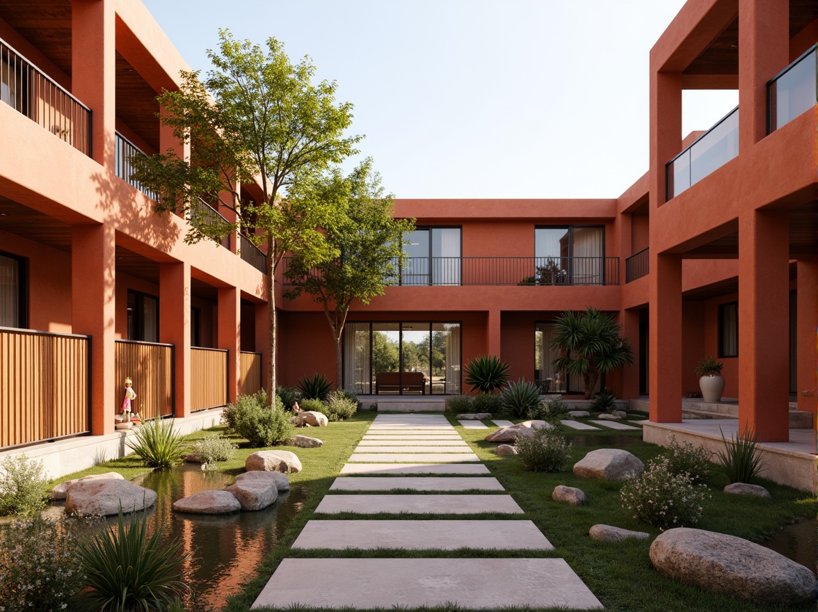 Prompt: Vibrant persimmon hues, warm earthy tones, rich terracotta accents, modern minimalist architecture, sleek lines, geometric shapes, natural stone walls, wooden accents, greenery-filled courtyards, serene water features, soft diffused lighting, shallow depth of field, 3/4 composition, panoramic view, realistic textures, ambient occlusion.