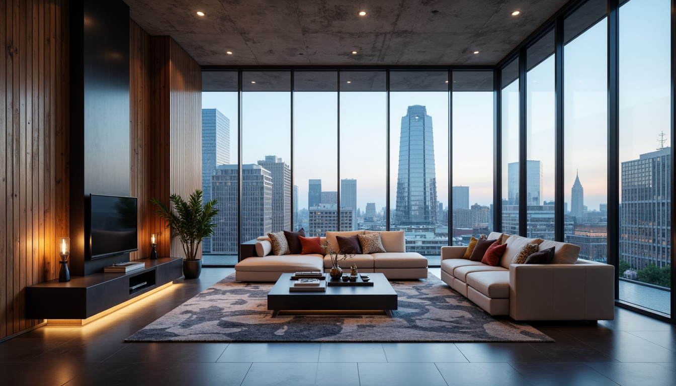 Prompt: Minimalist living room, sleek glass walls, polished metal accents, high-gloss flooring, futuristic furniture designs, ambient LED lighting, smart home automation systems, floor-to-ceiling windows, cityscape views, concrete ceilings, industrial-chic decor, metallic color schemes, abstract geometric patterns, 3D printed decorative elements, panoramic city views, shallow depth of field, 2/3 composition, cinematic lighting, realistic textures, advanced noise reduction.