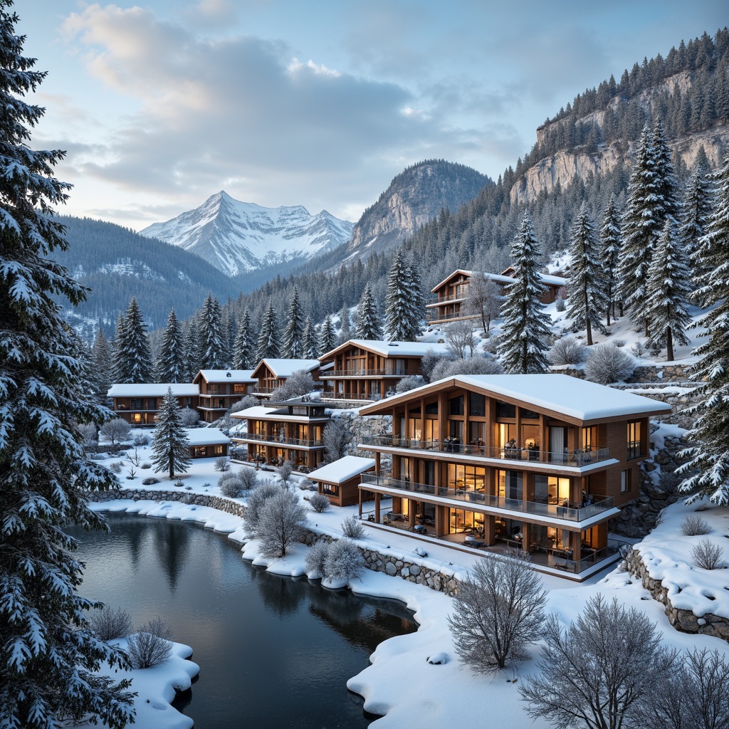 Prompt: Snow-capped mountains, lush alpine forests, winding ski trails, wooden chalets, rustic stone walls, modern ski lifts, frozen lakes, icy waterfalls, frosty mist, warm cozy lighting, shallow depth of field, 3/4 composition, panoramic view, realistic textures, ambient occlusion, elevated viewpoints, grand entrances, spacious atriums, wooden beams, natural materials, earthy color palette, mountain-inspired decor, functional ski storage, comfortable lounge areas.