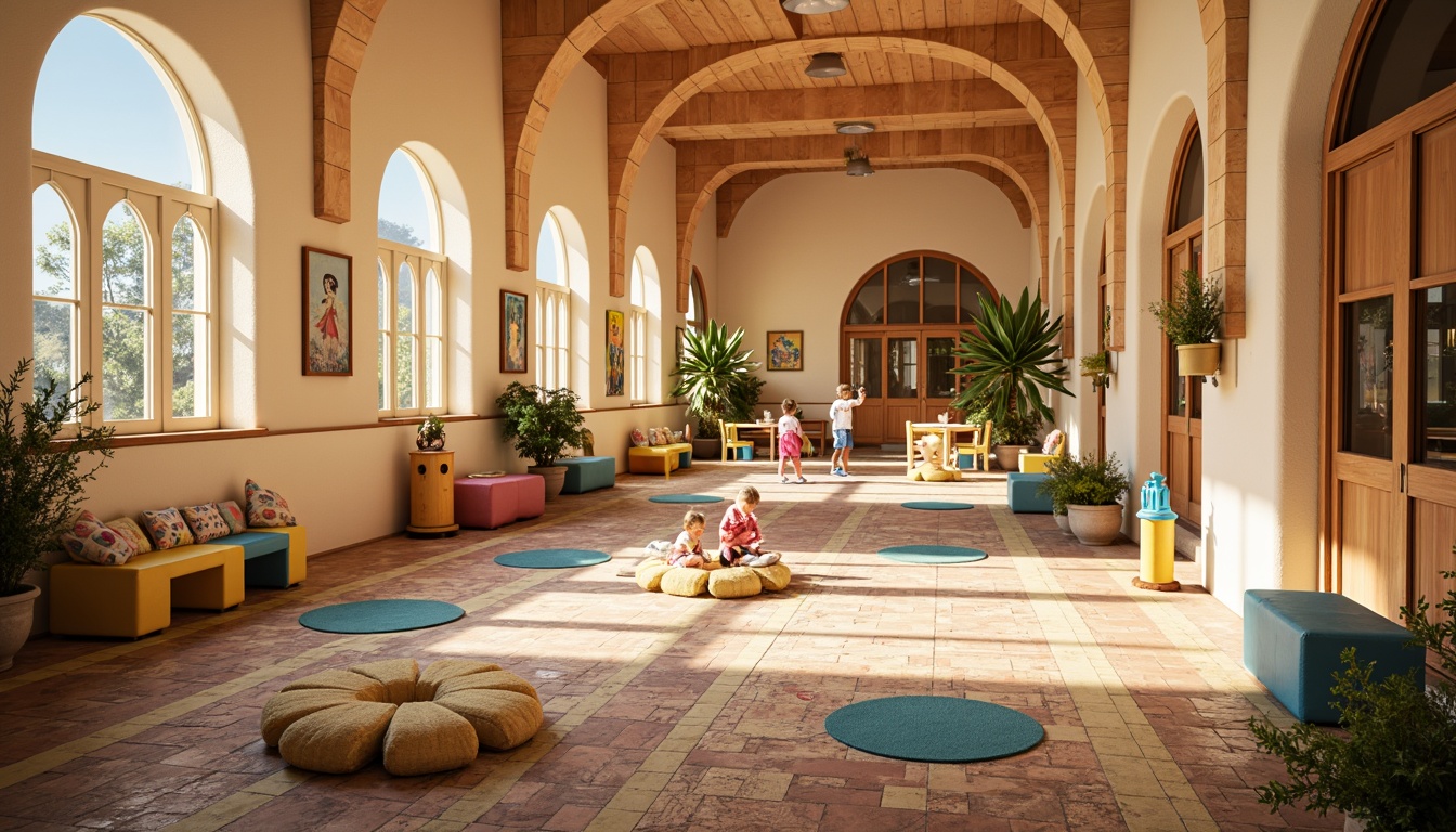 Prompt: Vibrant kindergarten, Romanesque arches, warm beige walls, soft cream columns, colorful mosaic floors, stained glass windows, playful rounded doors, whimsical fairy-tale illustrations, pastel-colored furniture, plush area rugs, cozy reading nooks, natural wood accents, cheerful yellow lanterns, gentle warm lighting, shallow depth of field, 1/1 composition, intimate atmosphere, soft focus, realistic textures.