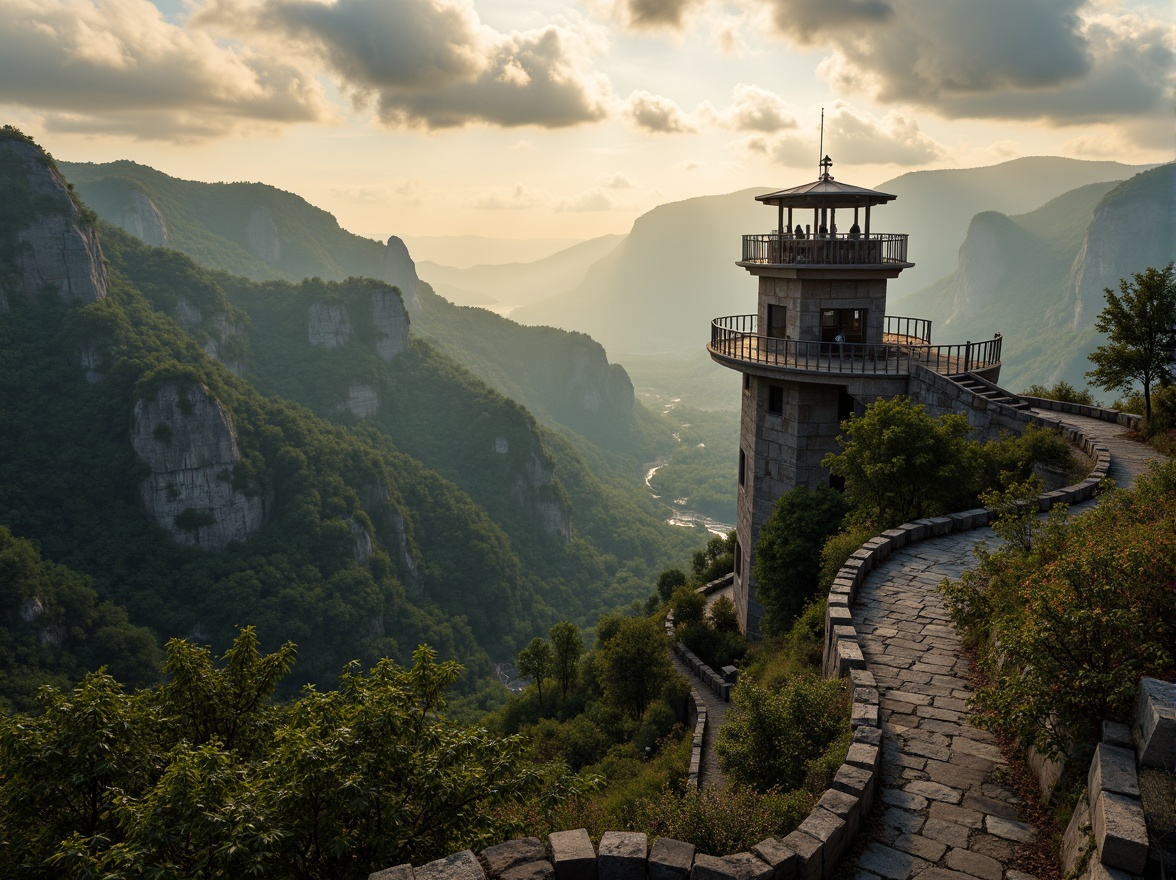 Prompt: Panoramic watchtower, rugged mountainous terrain, lush green forests, winding stone paths, scenic lookout points, wooden observation decks, natural stone walls, rustic metal railings, dramatic cloud formations, misty atmospheric effects, warm golden lighting, shallow depth of field, 3/4 composition, realistic textures, ambient occlusion, earthy color palette, organic architectural forms, blending with surroundings, seamless integration, nature-inspired design elements.