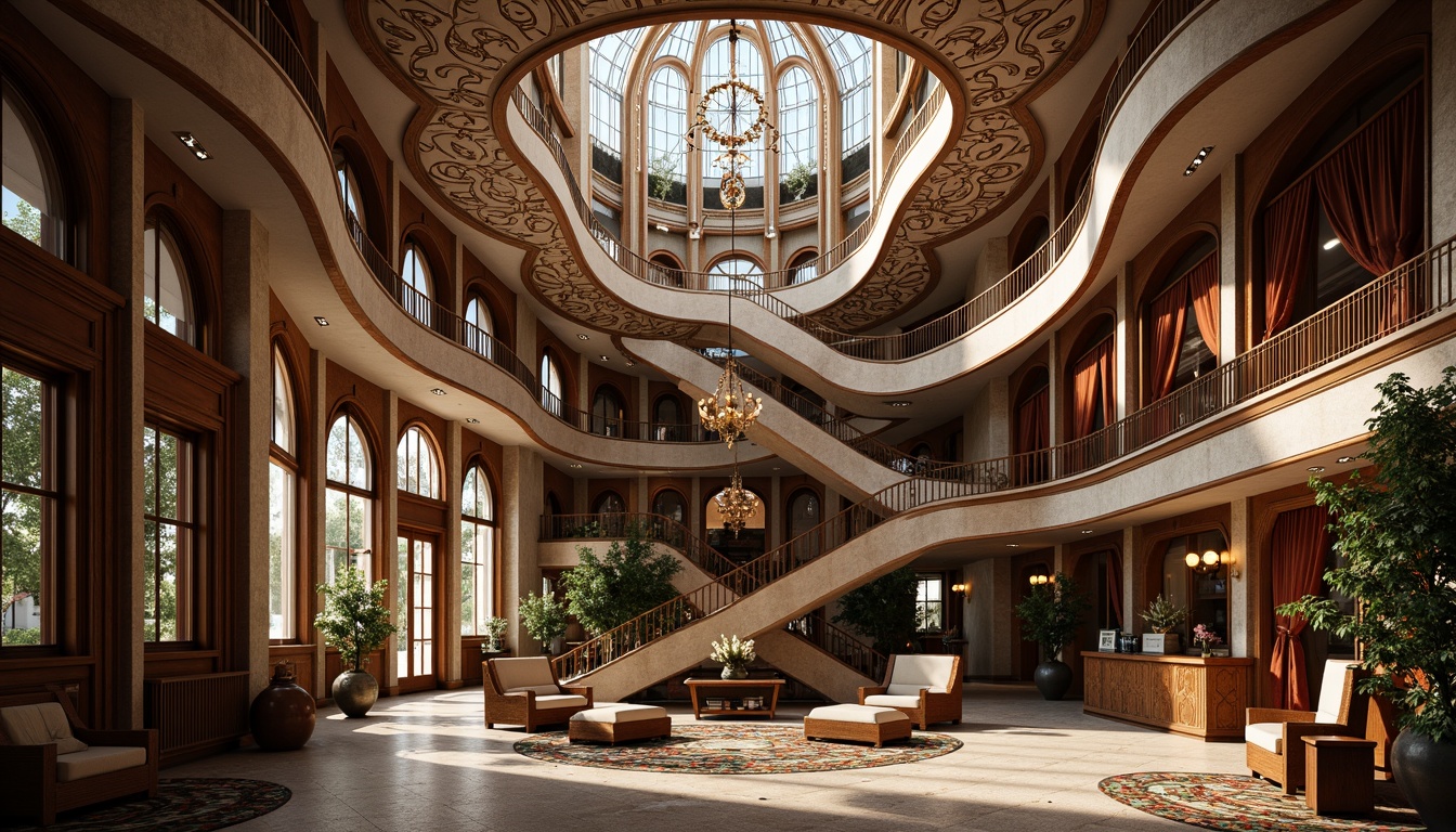 Prompt: Ornate Art Nouveau building, flowing curves, organic shapes, sinuous lines, florid ornaments, intricate patterns, stained glass windows, ornamental ironwork, grand staircase, lavish furnishings, velvet drapes, carved wooden panels, gilded accents, soft warm lighting, shallow depth of field, 1/1 composition, realistic textures, ambient occlusion, elegant foyers, refined chandeliers, exquisite ceramic tiles.