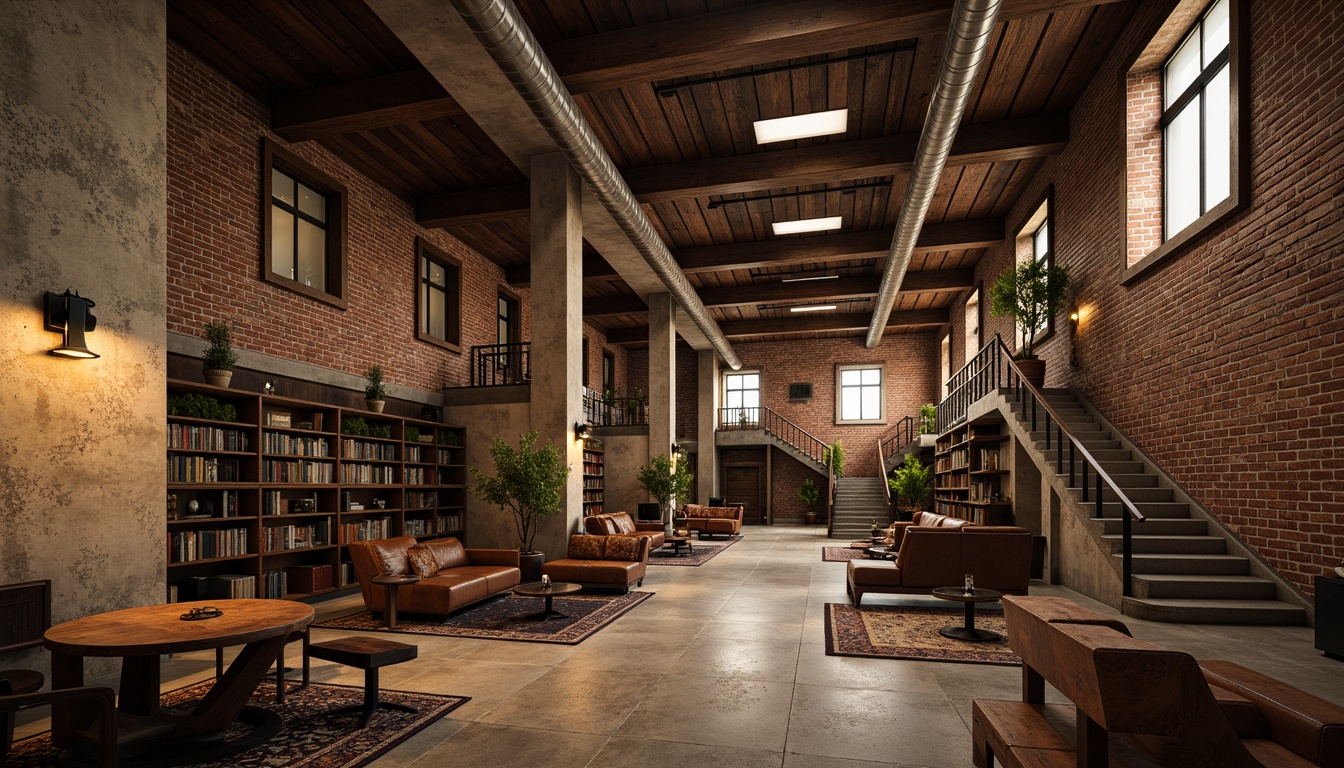 Prompt: Deconstructed library interior, distressed brick walls, exposed ductwork, reclaimed wood accents, industrial metal beams, rough concrete floors, worn leather-bound books, vintage reading lamps, ornate stone columns, grand staircases, eclectic furniture arrangements, warm golden lighting, high ceilings, dramatic shadows, shallow depth of field, 1/1 composition, realistic textures, ambient occlusion.