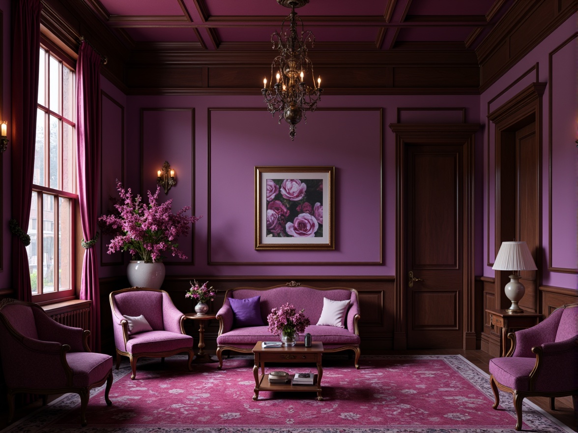 Prompt: Rich plum hues, warm berry tones, soft lavender accents, velvety dark purple shades, golden metallic highlights, luxurious fabric textures, ornate wooden furniture, Victorian-era inspired architecture, intricate floral patterns, subtle gradient effects, 1/1 composition, dramatic low-key lighting, cinematic depth of field.