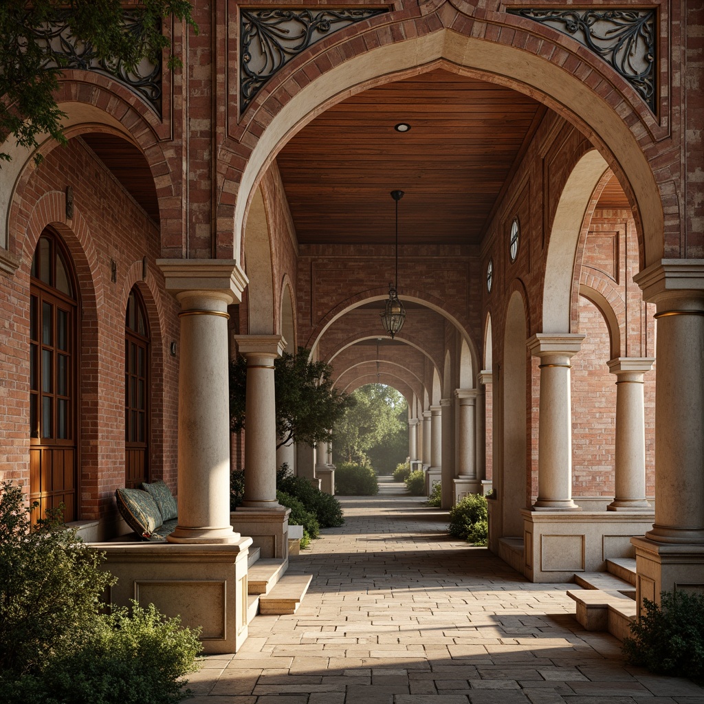 Prompt: Earthy tones, terracotta red, warm beige, weathered stone, rustic brick, mossy green, faded blue, ornate carvings, arched windows, rounded columns, grand entranceways, intricate stonework, aged copper accents, soft golden lighting, atmospheric mist, 1/1 composition, detailed textures, ambient occlusion.