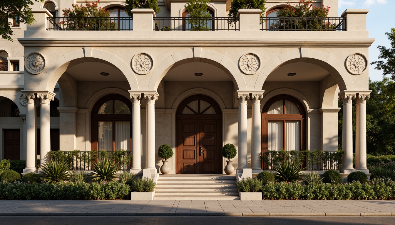 Prompt: Grandiose building facade, ornate columns, intricately carved details, symmetrical composition, classical arches, grand entrance, majestic stone materials, subtle texture variations, warm beige color palette, soft natural lighting, shallow depth of field, 1/1 composition, realistic rendering, ambient occlusion, subtle weathering effects, elegant balconies, ornamental railings, lush greenery, vibrant flowers, urban cityscape, historic district, morning sunlight, dramatic shadows.