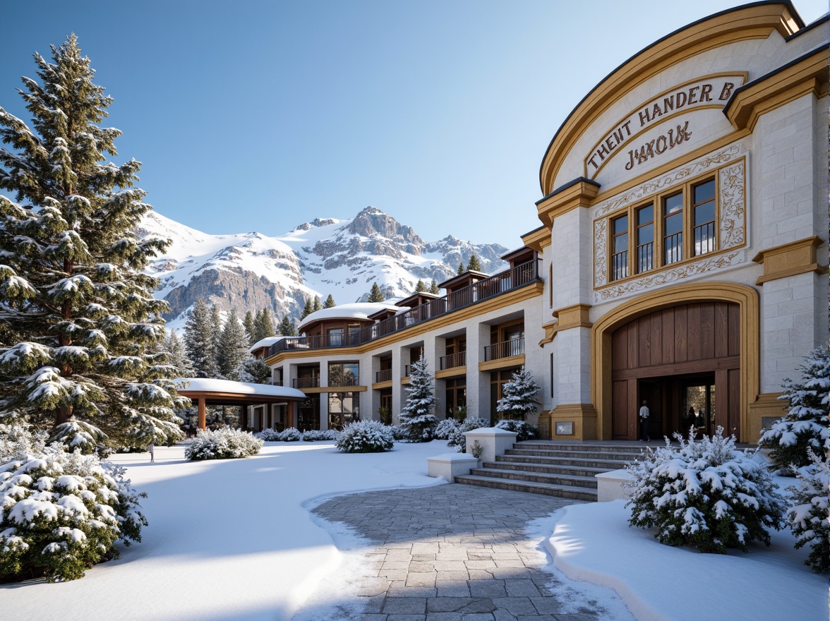 Prompt: Ornate ski resort, grandiose facade, curved lines, golden ornaments, white stone walls, grand entrance, large wooden doors, intricate carvings, snow-capped roofs, icicle formations, frozen lakes, snowy mountains, frosty mornings, warm sunlight, soft powdery snow, dramatic shadows, high-contrast lighting, 1/2 composition, close-up shots, realistic textures, ambient occlusion.