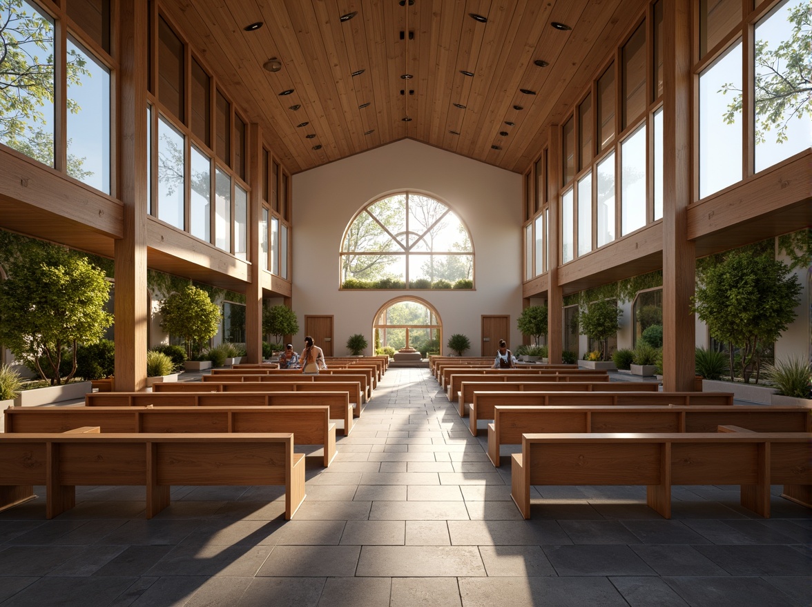 Prompt: Minimalist prayer hall, sleek wooden pews, natural stone flooring, stained glass windows, vaulted ceilings, warm ambient lighting, subtle spiritual symbols, modern geometric patterns, sustainable materials, recycled wood accents, energy-efficient systems, living green walls, serene water features, peaceful courtyard, lush greenery, calming color palette, soft diffused light, shallow depth of field, 1/1 composition, realistic textures, ambient occlusion.