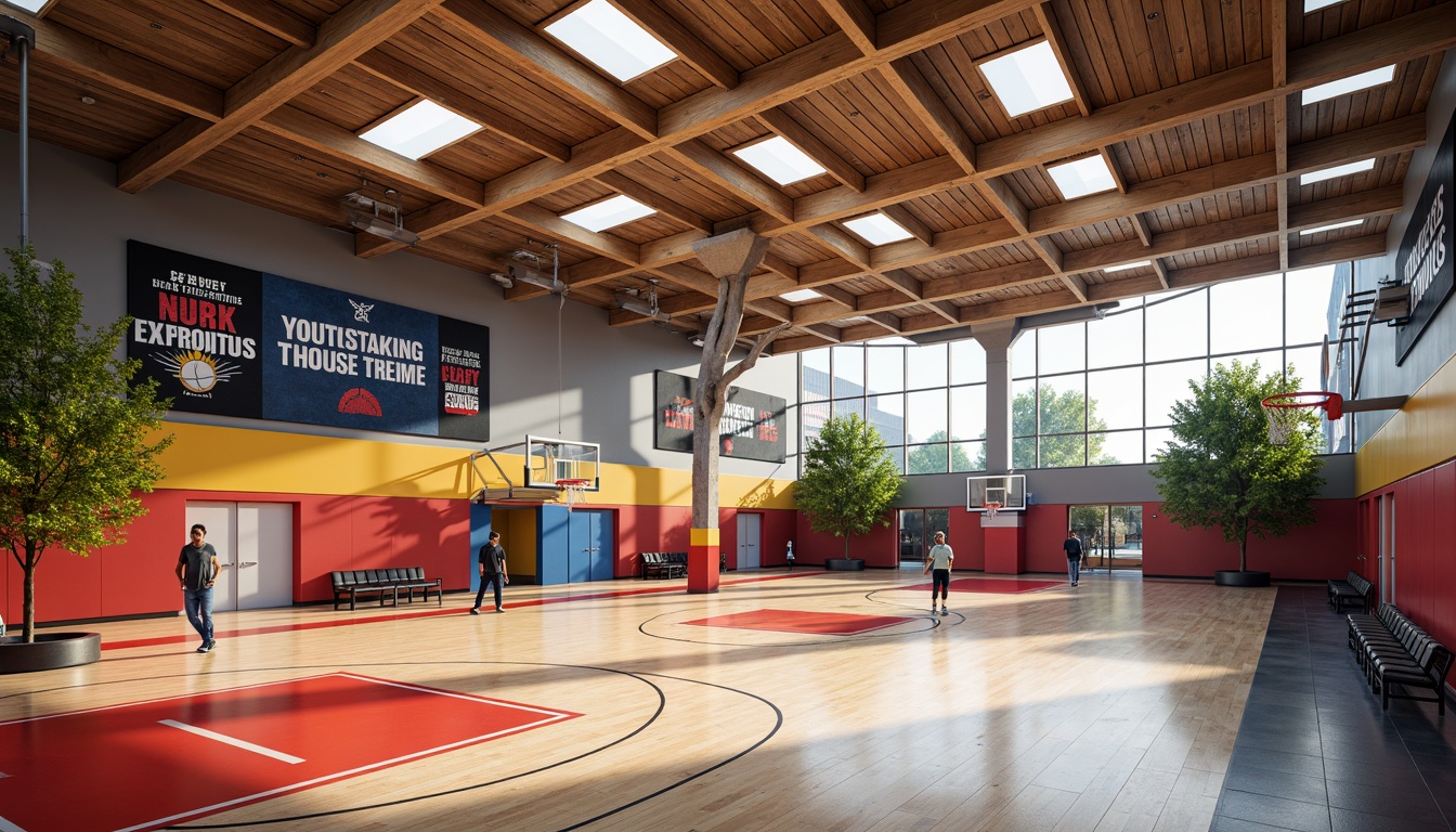 Prompt: Dynamic gymnasium interior, high ceilings, wooden flooring, athletic equipment, basketball hoops, tennis courts, vibrant team colors, motivational quotes, natural light pouring in, large windows, modern architecture, open spaces, flexible seating areas, sports-inspired sculptures, energetic atmosphere, shallow depth of field, 1/2 composition, warm soft lighting, realistic textures, ambient occlusion.Let me know if this meets your expectations!