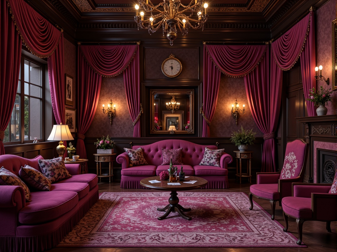 Prompt: Rich plum tones, velvety smooth texture, luxurious jewel-toned accents, warm golden lighting, ornate metal fixtures, lavish drapery, opulent furnishings, regal atmosphere, dramatic contrast, deep berry hues, soft blush undertones, whimsical floral patterns, vintage-inspired decorative elements, mystical ambiance, low-key illumination, 1/2 composition, atmospheric perspective, cinematic color grading.