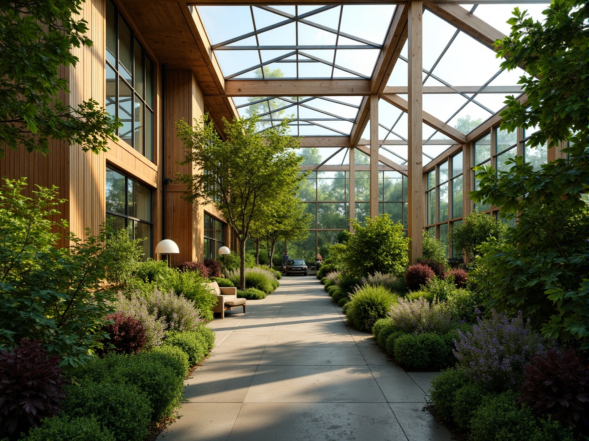 Prompt: Vibrant greenhouse interior, lush tropical plants, natural stone walls, wooden accents, large glass windows, clerestory lighting, misting systems, irrigation networks, hydroponic systems, living walls, green roofs, sustainable materials, eco-friendly design, modern architecture, minimalist decor, soft warm lighting, shallow depth of field, 3/4 composition, panoramic view, realistic textures, ambient occlusion.