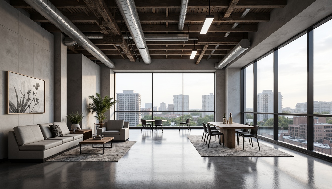 Prompt: Polished concrete floors, exposed ductwork, industrial metal beams, reclaimed wood accents, minimalist decor, neutral color palette, sleek glass railings, geometric patterned textiles, monochromatic tones, abstract artwork, urban cityscape views, natural light pouring in, softbox lighting, 1/1 composition, symmetrical balance, high-contrast shading, detailed normal maps.