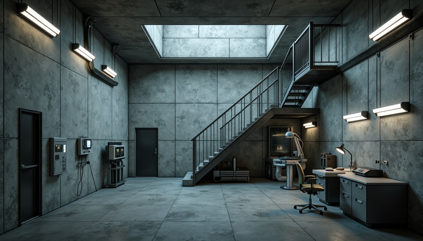 Prompt: Rough-exposed concrete walls, brutalist laboratory architecture, industrial-style lighting fixtures, metal staircase, minimalist decor, raw unfinished textures, cold atmospheric ambiance, dramatic shadows, high-contrast lighting, 1/1 composition, cinematic camera angles, realistic rendering, subtle color grading, desaturated tones, futuristic sci-fi elements, advanced medical equipment, sleek metallic surfaces, sterile laboratory environments, functional industrial furniture.