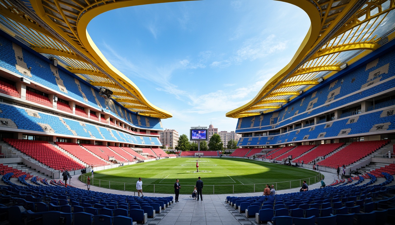 Prompt: Vibrant sports stadium, fusion architecture style, bold color scheme, electric blue accents, bright yellow highlights, deep red seats, sleek silver railings, modern LED lighting, dynamic curves, angular lines, abstract patterns, urban landscape, bustling cityscape, sunny day, dramatic shadows, high contrast, 3/4 composition, panoramic view, realistic textures, ambient occlusion.