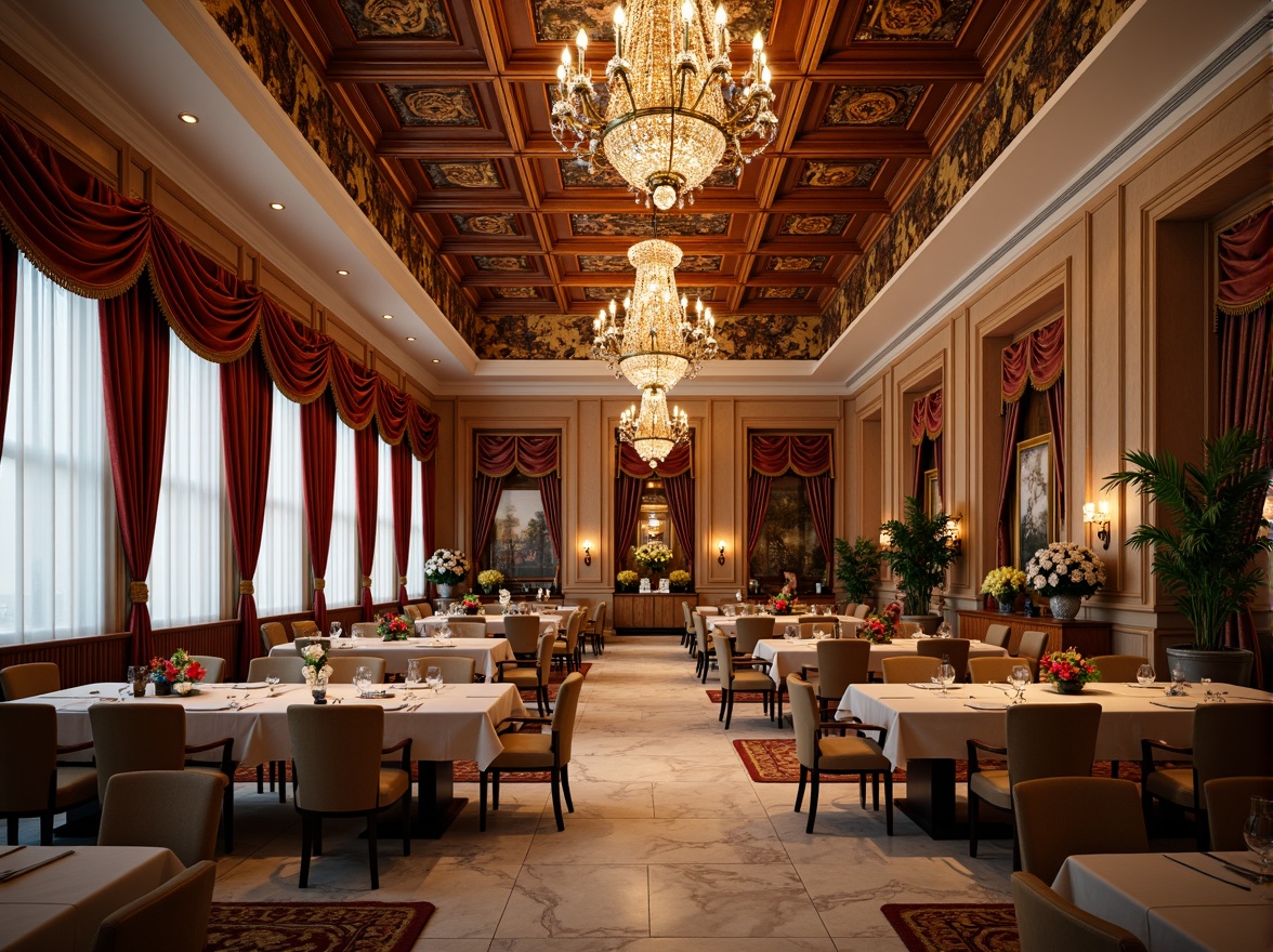 Prompt: Elegant dining hall, ornate chandeliers, intricate wooden carvings, luxurious velvet drapes, refined marble floors, sophisticated columns, lavish furnishings, vibrant tapestries, exotic floral arrangements, crystal glassware, fine china displays, opulent ceiling designs, warm golden lighting, shallow depth of field, 1/2 composition, realistic textures, ambient occlusion.