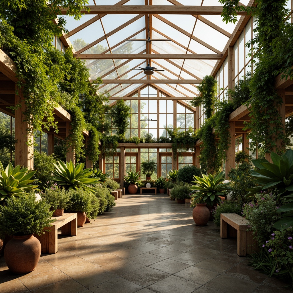 Prompt: Vibrant botanical greenhouse, lush tropical plants, natural stone walls, wooden trellises, misting system, warm golden lighting, soft diffused shadows, 1/1 composition, symmetrical framing, harmonious color palette, analogous green hues, contrasting earthy tones, calming atmosphere, serene ambiance, organic textures, rustic metal accents, reclaimed wood furniture, earthy terracotta pots, thriving foliage, blooming flowers, gentle water features, soothing soundscapes.