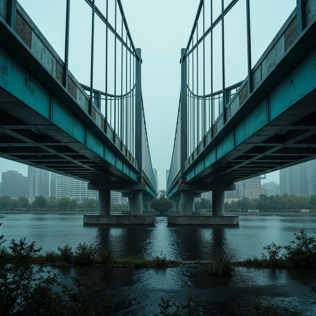 Prompt: Majestic bridge, dark cyan accents, sleek metallic beams, modern industrial design, urban cityscape, misty morning atmosphere, soft warm lighting, shallow depth of field, 3/4 composition, panoramic view, realistic textures, ambient occlusion.